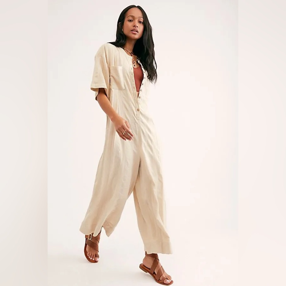 Free People Current Obsession Jumpsuit Soothing Sand Size S EUC